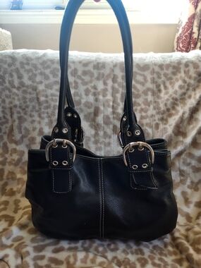 Tignanello Black Leather Shoulder Bag with Silver Buckle Accents